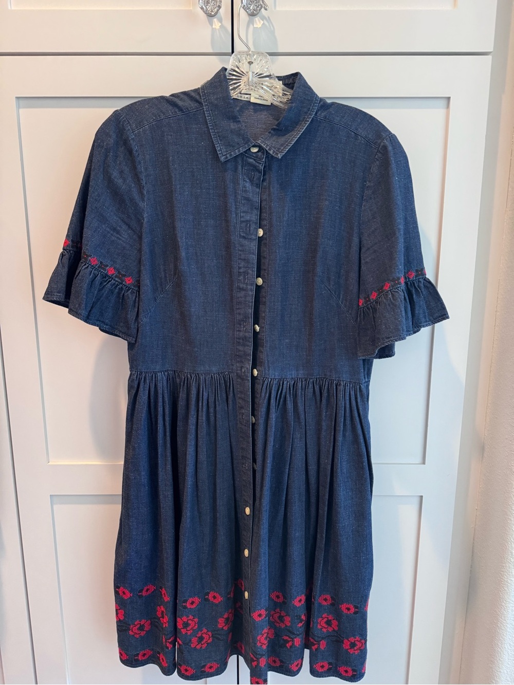 kate spade Navy Denim Shirt Dress with Red Floral Embroidery